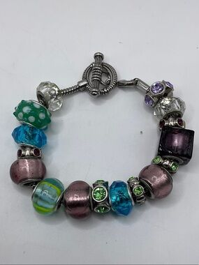 Colorful Bead Charm Bracelet with Purple, Blue and Green Accents